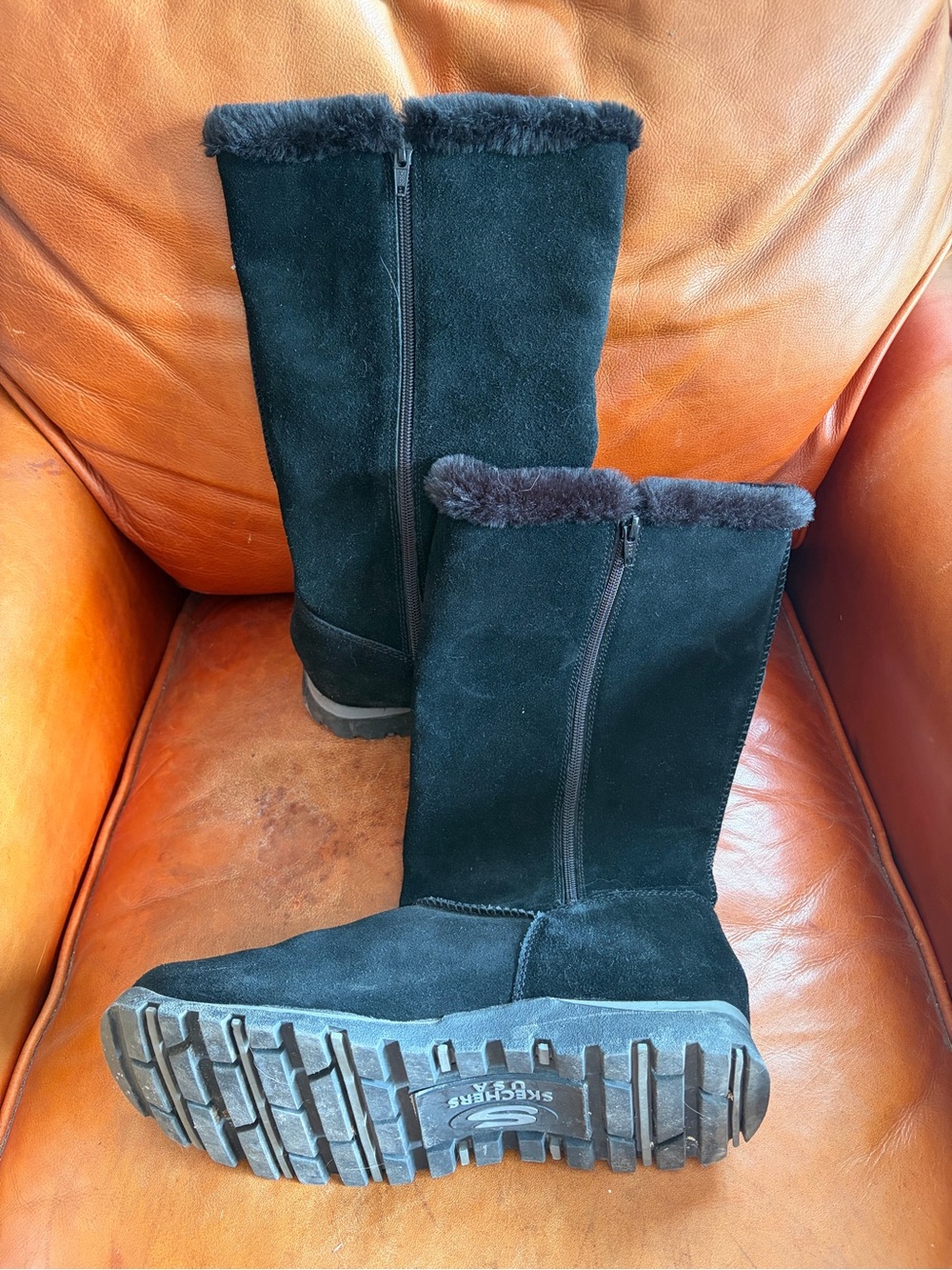 Skechers Black Suede Tall Fur-Trim Winter Boots with Buckle Accents - Picture 2 of 3